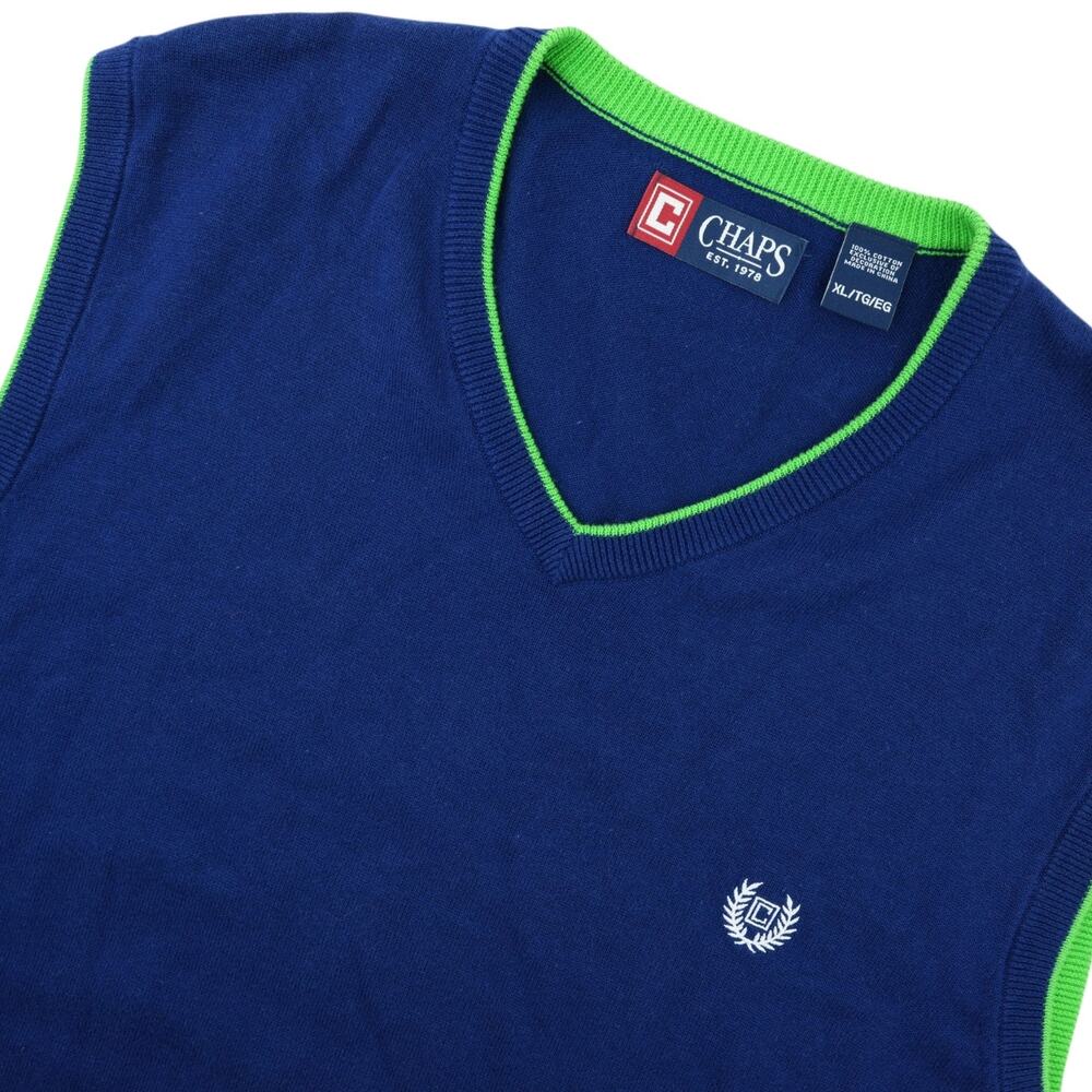 Chaps Sweater Vest Mens XL Navy Blue Green Trim Cotton V Neck Preppy Y2K Style
